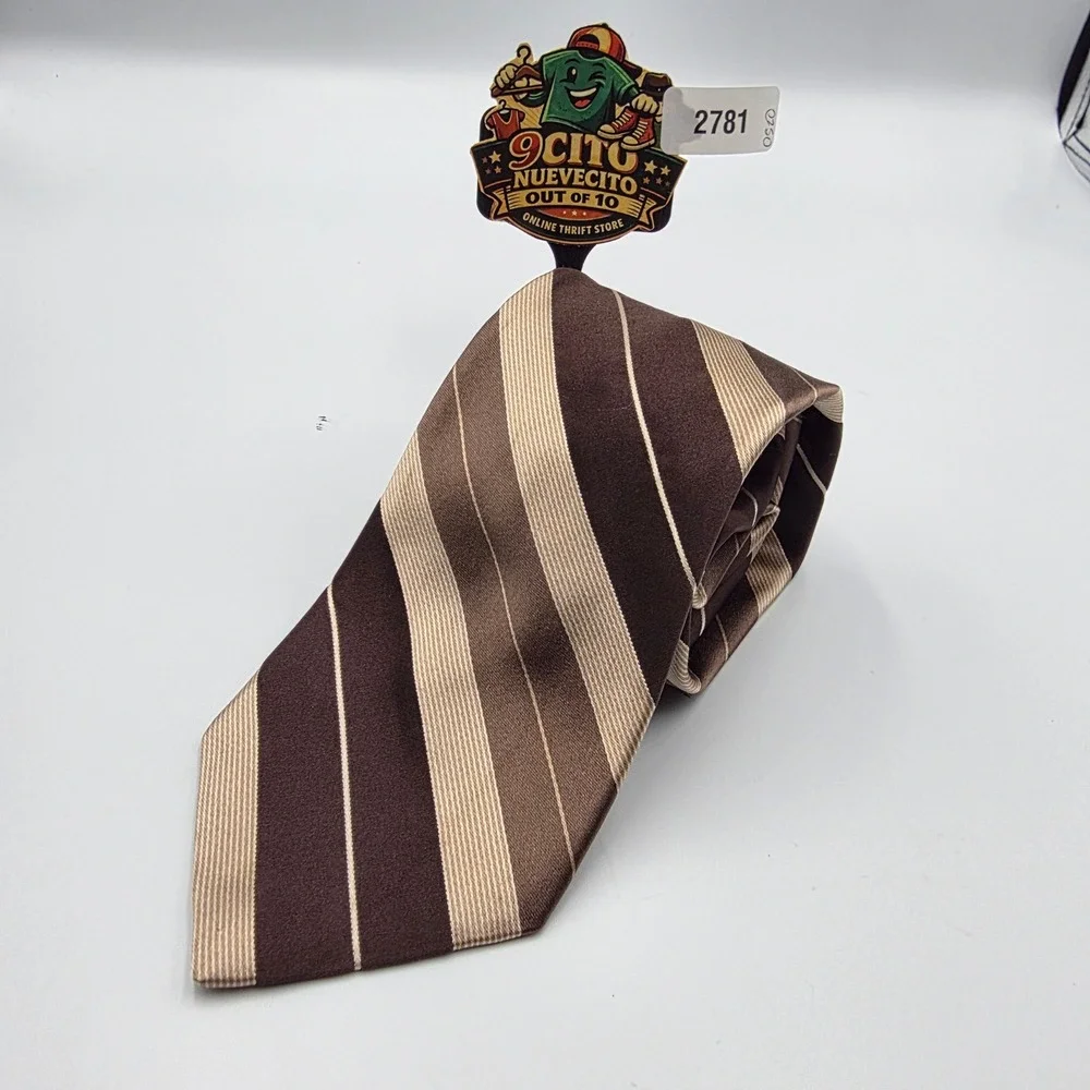 DKNY Mens Silk Necktie Brown Tan Diagonal Striped Made‎ in USA